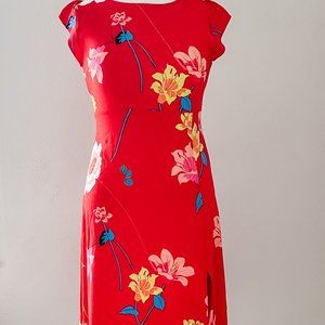 LOFT Red Floral Capped Sleeve Midi Dress Size 4